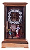 France, large mantel regulator, gilt case with ogee molded base and top, the front and back with beveled glasses, the rear glass frosted, Arabic numeral dial painted on porcelain panel with genre scene below, showing an interior with a woman pouring wine for a seated man, and marked "Theo. B. Starr New York", the panels on the left and right side similarly decorated, and featuring men enjoying wine, the right panel signed at lower right "DEVALER", 8 day, time and strike, pendule de Paris movement, movement numbered 12979, the backs of the porcelain panels bearing that number as well