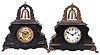 Clocks- 2 (Two): (1) Gilbert Clock Co., Winsted, Conn., "Curfew" shelf clock with an 8 day spring driven time and half hour strike movement in an enameled wood case, c1914; (2) Gilbert Clock Co., Winsted, Conn., "Curfew" shelf clock with an 8 day spring driven time and half hour strike movement in an enameled wood case, c1900.
