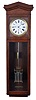 Jeweler's regulator wall clock, 8 day, time only, brass weight driven Swiss pinwheel movement with three jar pendulum in a modern burl cherry case with white enamel dial, movement circa 1880 and case 20th century