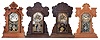Clocks- 4 (Four): (1) E. Ingraham & Co., Bristol, Conn., unidentified model shelf clock with a spring driven, 8 day, time and strike movement in an oak case, c1895; (2) Wm. L. Gilbert Clock Co., Winsted, Conn., "Dove" shelf clock with a spring driven, 8 day, time and strike movement in an oak case, c1900; (3) The E. Ingraham & Co., Bristol, Conn., unidentified model shelf clock with a spring driven, 8 day, time and strike movement in a oak case, c1915; (4) Waterbury Clock Co., Waterbury, Conn., "Henshaw" shelf clock with a spring driven, 8 day time, strike and alarm movement in an oak case, c1906.