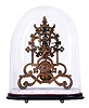 England, Skeleton clock, nicely pierced and finished brass scroll frames, Roman numeral skeletonized dial with shield shaped reserves for the figures, blued steel hands, 8 day fusee timepiece with 6 spoke crossings, recoil escapement, and brass pendulum with steel rod, all mounted to a marble plinth with ebonized wooden base, and with period shade