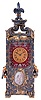 France, hour repeating carriage clock in the form of a sedan chair, the gilt and silvered brass case with rococo style ornament, scrolls, and shells, case sides portraits of a young woman with red guilloche and polychrome enamel frames, and also a small oval portrait of a putto in a garden below the dial, the top with scrolled brackets supporting a fleur de lis finial, Roman numeral gilt metal dial, also with red guilloche and polychrome enamel frame, blued steel hands, 8 day, time and strike movement with lever platform, counting the hours on a gong, and repeating the hour on demand