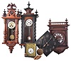 Clocks- 5 (Five) wall, spring driven: (1) German R/A; (2) Black Forest wag on the wall with gilt dial surround with eagle in picture frame; (3) Mission oak with stylized hands; (4) Vienna regulator; (5) French walnut case with fluted columns