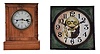 Clocks- 2 (Two) American: (1) Chauncey Jerome, New Haven, Conn., "Union" model, 30 hour, time and strike brass movement cottage clock, c1850; (2) American Safety Razor Corp., 8 day, spring driven, lever movement "Every-Ready razor advertising wall timepiece, c1910