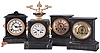 Clocks- 4 (Four): (1) Waterbury Clock Co., Waterbury, Conn., "Whither" shelf clock with a spring driven, 8 day, time and strike movement in an enameled iron case, c1896; (2) Unidentified French mantel clock with a spring driven, 8 day time and half hour strike movement in a marble case, c1890; (3) Ansonia Clock Co., New York, NY, "Dover" shelf clock with a spring driven, 8 day time and half hour strike movement in an enameled iron case, c1904; (4) New Haven Clock Co., New Haven, Conn., unidentified shelf clock with a spring driven, 8 day time and hour strike movement in an enameled iron case, c1900.