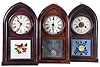 Clocks- 3 (Three): (1) E. N. Welch, Forestville, Conn., Beehive style shelf clock with a spring driven 30 hour time and strike movement in a rosewood veneered case., c1860; (2) Brewster & Ingrahams, Bristol, Conn., Beehive style shelf clock with a spring driven, 8 day, time and strike movement in a mahogany veneered case., c1850; (3) William L. Gilbert & Co., Winchester, Conn., Beehive style shelf clock with a spring driven, 8 day, time and strike movement in a mahogany veneered case, c1855,