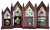 Clocks- 4 (Four): (1) American, Unknow, 30 hour, time and alarm spring driven movement miniature sharp gothic or steeple clock, c1870; (2) New Haven Clock Co., New Haven, Conn., 8 day, time, strike and alarm spring driven movement sharp gothic or steeple clock, c1870; (3) Waterbury Clock Co., Waterbury, Conn., 8 day, time and strike spring driven movement sharp gothic or steeple clock, c1870; (4) Wm. L. Gilbert & Co., Winsted, Conn., 8 day, time and strike spring driven movement sharp gothic or steeple clock, c1860.