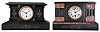 Clocks- 2 (Two) Boston Clock Co. Black Mantel: (1) 8 day spring driven movement with single arbor winding time and strike brass lever movement in black slate case with red marble accents, c1890; (2) 8 day spring driven movement with single arbor winding time and strike brass lever movement in black slate case, c1890.