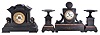 Clocks- 2 (Two) French black slate mantel clocks: (1) 8 day spring driven movement time and strike movement with count wheel and bell in a black slate case with marble accents and matching pair of side pieces; (2) 8 day spring driven movement time and strike movement with rack and snail strike in a black slate case flanked by metal lion figures. Movement has the Japy Freres Med. D'Honneur stamp.