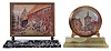 Didisheim, Goldschmidt, Fils & Co., Switzerland- 2 (Two) 30 hour desk timepieces: (1) the first marked "Idylle au Village" and features a European scene, and with an automated Cupid forging arrows below the clock tower, mounted to a green, variegated marble base, (2) the other with European streetscape, featuring buildings and a clock tower, and mounted to a green onyx base, dimensions of first clock listed