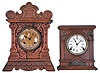Clocks- 4 (Four) American Wood Case: (1) Seth Thomas Clock Co., Thomaston, Conn., 8 day, time and strike, spring driven movement cabinet clock in oak case with applied metal griffin ornaments, c1892; (2) New Haven Clock Co., New Haven, Conn., "Congressional Line", 8 day, time and strike, spring driven movement cabinet clock in oak case, c1895; (3) Waterbury Clock Co., Waterbury, Conn., "Festus", 8 day, time and strike, spring driven movement gingerbread clock in oak case, c1906; (4) Forestville Manufacturing Company, Bristol, Conn., 8 day, time and strike, weight-driven OOG clock in rosewood veneer case, c1850.