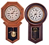 Clocks- 2 (Two): (1) New Haven Clock Co., New Haven, Conn., "No. 1 Timepiece Regulator" hanging clock with a spring driven, 8 day time and simple calendar movement in a walnut veneer case, c1895; (2) New Haven Clock Co., New Haven, Conn., "Eclipse Regulator" Made for the American Wringer Co., New York with a spring driven, 8 day time and simple calendar movement in an oak case, c1900.