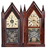 Clocks- 2 (Two): (1) Brewster & Ingrahams, Bristol, Conn. Steeple clock with a spring (brass) driven 30 hour time and strike movement in a rosewood and mahogany veneered case, c1850; (2) Brewster & Ingrahams, Bristol, Conn. Steeple clock with a spring driven, 8 day, time and strike movement in a mahogany veneered case, c1850.