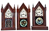 Clocks- 3 (Three): (1) Jerome & Co., New Haven, Conn., 8 day, time and strike spring driven movement Sharp Gothic or steeple clock, c1850; (2) Chauncey Goodrich, Bristol, Conn., 8 day, time and strike spring driven movement Sharp Gothic or steeple clock, c1850; (3) Seth Thomas Clock Co., Thomaston, Conn., 8 day, time and strike spring driven movement Sharp Gothic or steeple clock, c1870