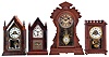 Clocks- 4 (Four): (1) Jerome & Co., New Haven, Conn., "Small Gothic" shelf clock with a spring driven 30 hour time and alarm movement in a rosewood veneered case, c1855. ; (2) E. N. Welch Mfg. Co., Forestville, Conn., "Sharp Gothic" shelf clock with a spring driven 30 hour timepiece movement in a rosewood and mahogany veneered case, c1870; (3) F. Kroeber, New York, "Patrol" shelf clock with a spring driven, 8 day, time and strike movement in a walnut case, c1888; (4) Waterbury Clock Co., Waterbury, Conn., "Racer" shelf clock with a spring driven 30 hour time and alarm movement in an imitation walnut case, c1891.