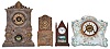 Clocks- 4 (Four): (1) Unidentified maker novelty cast metal case clock with 30 hour backwind timepiece movement, c1900; (2) Miniature steeple clock by Fynetone Co., Lansdale, PA; (3) American Clock Co.,, 3 Cortlandt St., NY, "Lion Head" model shelf clock with a spring driven 30 hour time, strike and alarm movement in a spelter case (no. 30) by Nicholas Muller, c1870; (4) F. Kroeber, New York, "China No. 20" shelf clock with a spring driven, 8 day, time and strike movement in a china case, c1898.