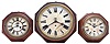 Clocks- 3 (Three): (1) Ansonia Clock Co., New York, NY, "8 Inch Octagon Lever" wall clock with a spring driven 30 hour lever timepiece movement in an oak case, c1880; (2) Waterbury Clock Co., Waterbury, Conn., "12 Inch Oak Lever" wall clock with a spring driven, 8 day lever timepiece movement in an oak case, c1914; (3) Waterbury Clock Co., Waterbury, Conn., "8 Inch Oak Lever" wall clock with a spring driven, 8 day lever timepiece movement in an oak case, c1906.
