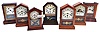 Clocks- 7 (Seven): (1) Waterbury Clock Co., Waterbury, Conn., Cottage shelf clock with a spring driven 30 hour timepiece movement in a rosewood veneered case, c1870; (2) Jerome & Co., New Haven, Conn., "Rocket" shelf clock with a spring driven 30 hour timepiece movement in an oak case, c1870; (3) Unidentified cottage shelf clock (likely German) with a spring driven 30 hour timepiece movement, c1870; (4) New Haven Clock Co., New Haven, Conn., cottage shelf clock with a spring driven 30 hour timepiece movement in a grained wood case, c1870; (5) Jerome & Co., New Haven, Conn., "Rocket" shelf clock - case only; (6) Jerome & Co., New Haven, Conn., "rocket" shelf clock with a spring driven 30 hour time and alarm movement in a grain painted case, c1870; (7) Seth Thomas Clock Co., Thomaston, Conn., "Anchor" shelf clock with a spring driven 30 hour time and strike movement in a rosewood veneered case, c1870.
