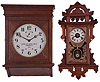 Clocks- 4 (Four): (1) Seth Thomas Clock Co., Thomaston, Conn., "Regulator No. 2" Reproduction wall hanging clock with a weight driven timepiece movement in an oak case, c1978; (2) New Haven Clock Co., New Haven, Conn., "12 Inch Drop Octagon Calendar" hanging clock with a spring driven, 8 day, time and strike movement with a simple calendar mechanism in a recently grain painted (over mahogany) case, c1900; (3) E. N. Welch Manufacturing Co., Bristol, Conn., "Donita" hanging clock with a spring driven, 8 day time and half-hour strike movement in a walnut case and manufactured for the Metropolitan Manufacturing Co., New York, c1885; (4) National Self-Winding Clock Co., Champaign, Ill., unidentified wall model battery clock in an oak case, c1905.