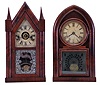 Clocks- 2 (Two): (1) Terry & Andrews, Bristol, Conn., 30 hour, time, strike and alarm spring driven movement sharp gothic or steeple clock, c1850; (2) Brewster & Ingrahams, Bristol, Conn., 8 day, time and strike spring driven movement Round Gothic or beehive clock, c1845