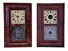 Clocks- 2 (Two): (1) Brewster & Ingrahams, Bristol, Conn., miniature OG shelf clock with spring driven 30 hour time and strike movement in a mahogany veneered case, c1850; (2) Brewster & Ingrahams, Bristol, Conn., miniature OOG shelf clock with a spring (brass) driven 30 hour time and strike movement in a mahogany veneered case, c1848.
