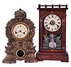 Clocks- 2 (Two): (1) Seth Thomas Clock Co., Thomaston, Conn., "Omaha", 8 day, time and strike spring driven movement city series shelf clock, c1887; (2) American Clock Co., New York, New York, 30 hour, time and strike spring driven movement iron front shelf clock, c1850