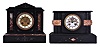 Clocks- 2 (Two) French Black Mantel: (1) 8 day time and gong strike spring driven movement mantel clock with Marti movement with visible Brocot escapement in black slate case with variegated pink marble accents; (2) 8 day time and gong strike spring driven movement mantel clock with black slate case and dark red marble inlay and trim.