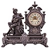 Ansonia Clock Co., New York, NY, "Bard" figural mantel clock with a spring driven, 8 day time and half hour strike movement in a spelter case on an enameled cast iron base.