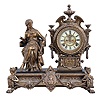 Ansonia Clock Co., New York, NY, "Prosperity" figural mantel clock with a spring driven, 8 day, time and strike movement with visible escapement in a cast metal and enameled iron case.