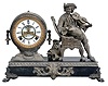 Ansonia Clock Co., New York, NY, "Violinist" shelf clock with a spring driven, 8 day time and half hour strike movement with visible escapement in a cast metal and enameled iron case.