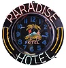 "Paradise Hotel" three color neon electric wall clock, time only, with sweep seconds hand