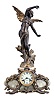 Ansonia Clock Co., New York, NY, "Superba base with La Source top ornament" figural shelf clock with a spring driven, 8 day, time and strike movement in a cast metal case with Brazilian onyx inlay panels.
