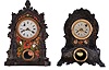 Clocks- 2 (Two): (1) American Clock Co., 3 Courtlandt St., New York, shelf clock with a spring driven 30 hour timepiece movement in a cast iron case with painted decoration and MOP inlay, c1860; (2) George B. Owen, 25 John St., New York. shelf clock with a spring driven timepiece movement in a painted cast iron case, c1860
