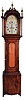 Tall case clock, New England, probably New Hampshire, flame birch case, trunk door with bird's eye maple panel framed with mahogany veneer. Quarter columns and brass capitals on the trunk, fret work crest, three brass finials and two full columns flanking hood. The associated movement is 8 day, time and bell strike, weight driven with brass plates and painted metal dial with calendar disc.