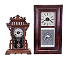 Clocks- 2 (Two): (1) E. N. Welch Mfg. Co., Forestville, Conn., "Falka", 8 day, time and strike spring driven movement shelf clock, c1885; (2) Forestville Mfg. Co., (J. C. Brown), Forestville, Conn., 8 day, time and strike, weight driven brass movement OG shelf clock, c1845