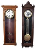 Jeweler's Regulators- (2) Two for restoration plus a third Swiss pinwheel movement (only): (1) 8 day, weight driven with Swiss pinwheel escapement in a mahogany case and gridiron lyre pendulum; (2) 8 day, weight driven with Swiss pinwheel escapement in an oak case with mercury pendulum; (3) Swiss pinwheel movement with white enamel dial