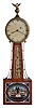 Boston area banjo clock, signed E. Taber, mahogany case, crossbanded door and throat frame with reverse painted glasses, cast bezel with convex glass, and top with ogee molded plinth and eagle finial, Roman numeral white painted dial with blued steel hands, 8 day timepiece movement with T bridge suspension and attached to case with diagonally opposed through bolts, blue painted weight baffle signed in script "Made by E. Taber Roxbury Jan 8 1815", wire pendulum rod with brass keystone and brass faced ball
