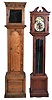 Tall clock, 8 day, time, strike and chime with modern German movement in walnut case, circa late 20th century including a tall clock pine case (only) circa 18th century