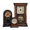 Clocks- 3 (Three): (1) Seth Thomas Clock Co., Thomaston, Conn., "Chime Clock No. 96", 8 day, time and strike Westminster chime spring driven movement mantel clock, c1913; (2) Daniel Pratt & Sons, Reading, Mass., 8 day, time and strike spring driven movement round top shelf clock, c1870; (3) American, 30 hour, time and strike, weight driven brass movement column shelf clock, c1860