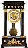 France, portico clock, mahogany veneered oak case with gilt mounts, Roman numeral white enamel dial with gilt bezel and engine turned center, blued steel Breguet style hands, 8 day pendule de Paris movement with regulator style gridiron pendulum