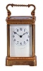 France, for Bigelow, Kennard, & Co., Boston, striking carriage clock, the gilt Corniche variant case with narrow fluted band above base and below cornice, Arabic numeral white enamel dial, blued steel Breguet style hands, 8 day striking movement with lever platform, sounding the hour and half hour in passing