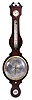 Barometers- 3 (Three) English Barometers: (1) English, banjo or wheel barometer with mercury thermometer, hygrometer, and spirit level in walnut case; (2) English, banjo or wheel barometer with thermometer scale, hygrometer, and spirit level and walnut case; (3) English, banjo or wheel barometer signed "I. Verga" with alcohol thermometer in a mahogany case with inlays.