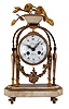 French: Merra, Paris, mantel clock, 8 day, time and strike, count wheel and bell movement with silk thread suspension by Vincenti & Cie., Paris. White marble case with gilt hardware, fluted columns and twisted arched supports, the top with large gilt roses in bloom. Signed white porcelain dial with Roman numerals.