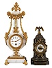 Clocks- 2 (Two) French: (1) Lyre form time only mantel clock, white marble with gilt brass mounts, male faces and rooster heads on opposite sides, the top with floral finial. White enamel dial with polychrome floral pattern and faux winding arbor; (2) Brass time only mantel clock in the form of a truncated fluted column, wreath bezel surrounding a silvered dial with Arabic numerals, supporting a small eagle with wings outstretched.