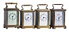 Clocks- 4 (Four) carriage: France, all with glazed brass cases with 8 day timepiece movements, three lever and one cylinder platform, three with white enamel dials and blued steel hands, one marked "John Wanamaker Philadelphia New York Paris", another marked "A. Stowell & Co., Inc., Boston", and one marked Elgin, dimensions of largest clock listed