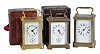 Clocks- 3 (Three) carriage: France, the first with Corniche case, Roman numeral white enamel dial, and 8 day, time and strike movement with lever platform, the others in similar cases, also with enamel dials, and 8 day time and alarm movements with lever platforms, and with their outer cases, striking clock dimensions listed