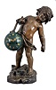 Fabrication Francais, Paris, figural table clock, the patinated spelter case depicting a young boy standing in a rocky landscape, carrying a spherical clock suspended from a rope handle, the clock case with applied, gilt Roman numerals, gilt Louis XV style hands, and 8 day, time and strike movement with cylinder platform, casting signed