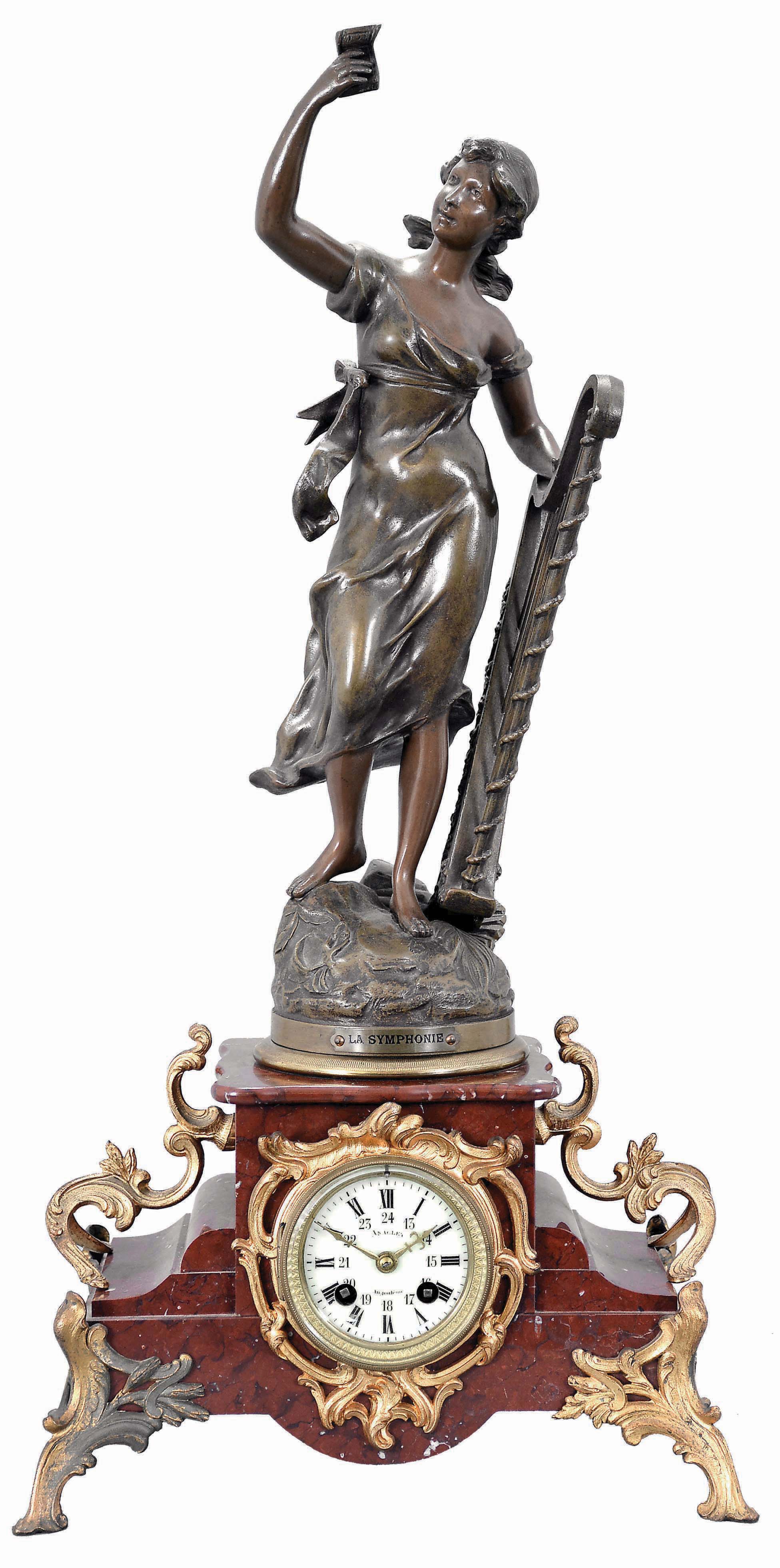 Anaclet, AngoulIme, figural mantel clock, 8 day, spring driven, time and strike, dark red marble base on gilt rococo feet holding a cream porcelain dial with Roman numerals and gilt hands, topped with a signed patinated cast spelter figure of woman beside a harp titled "La Symphonie" with a pendule de Paris movement signed by Mougin. — Antique Clocks Price Guide