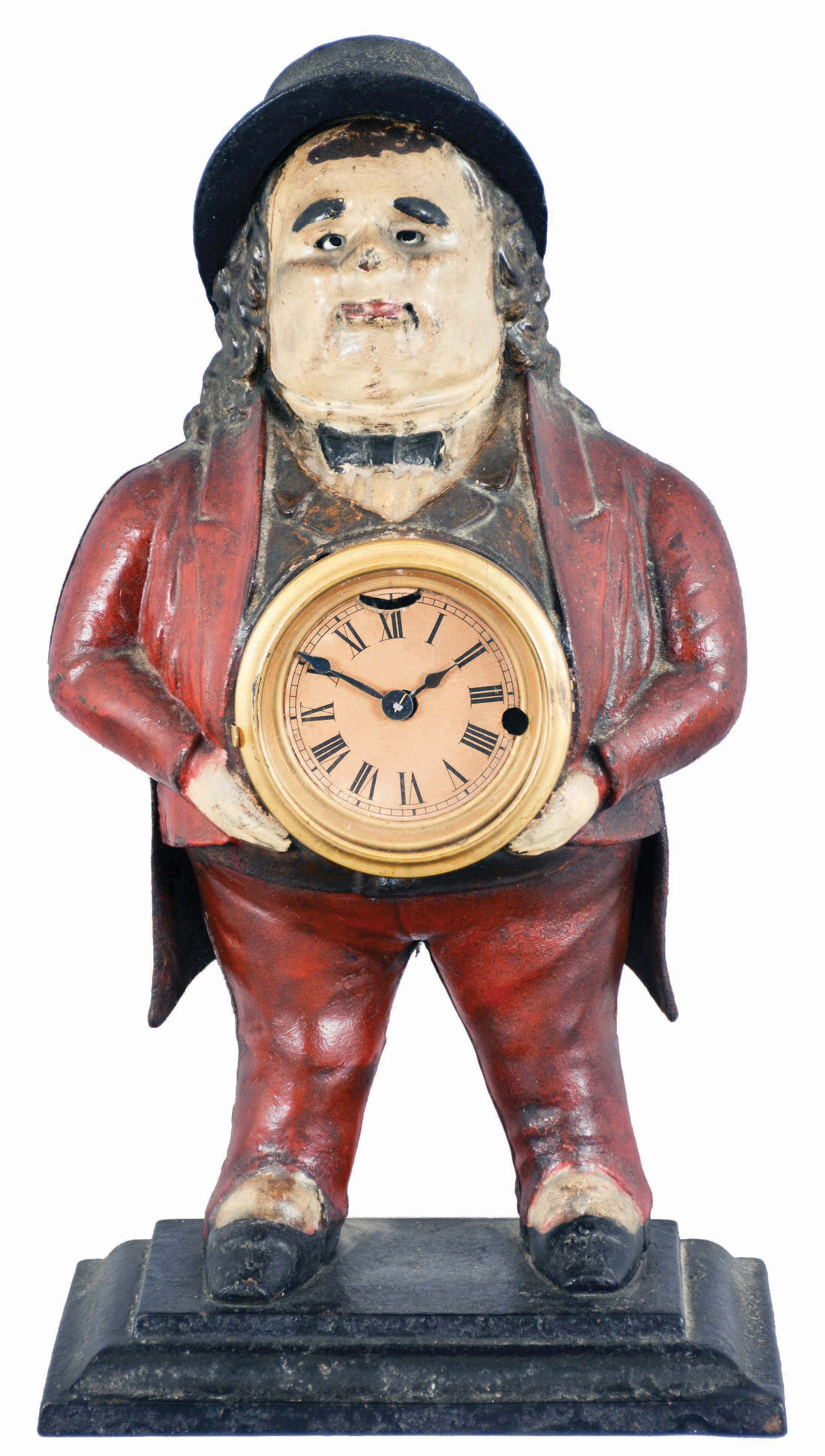 Unsigned (these were sold by the American Clock Co., Waterbury Clock Co. and others) "John Bull" blinking eye cast iron clock with a cast iron case cast by Bradley &amp; Hubbard, Meriden, Conn., 30 hour lever timepiece movement. — Antique Clocks Price Guide