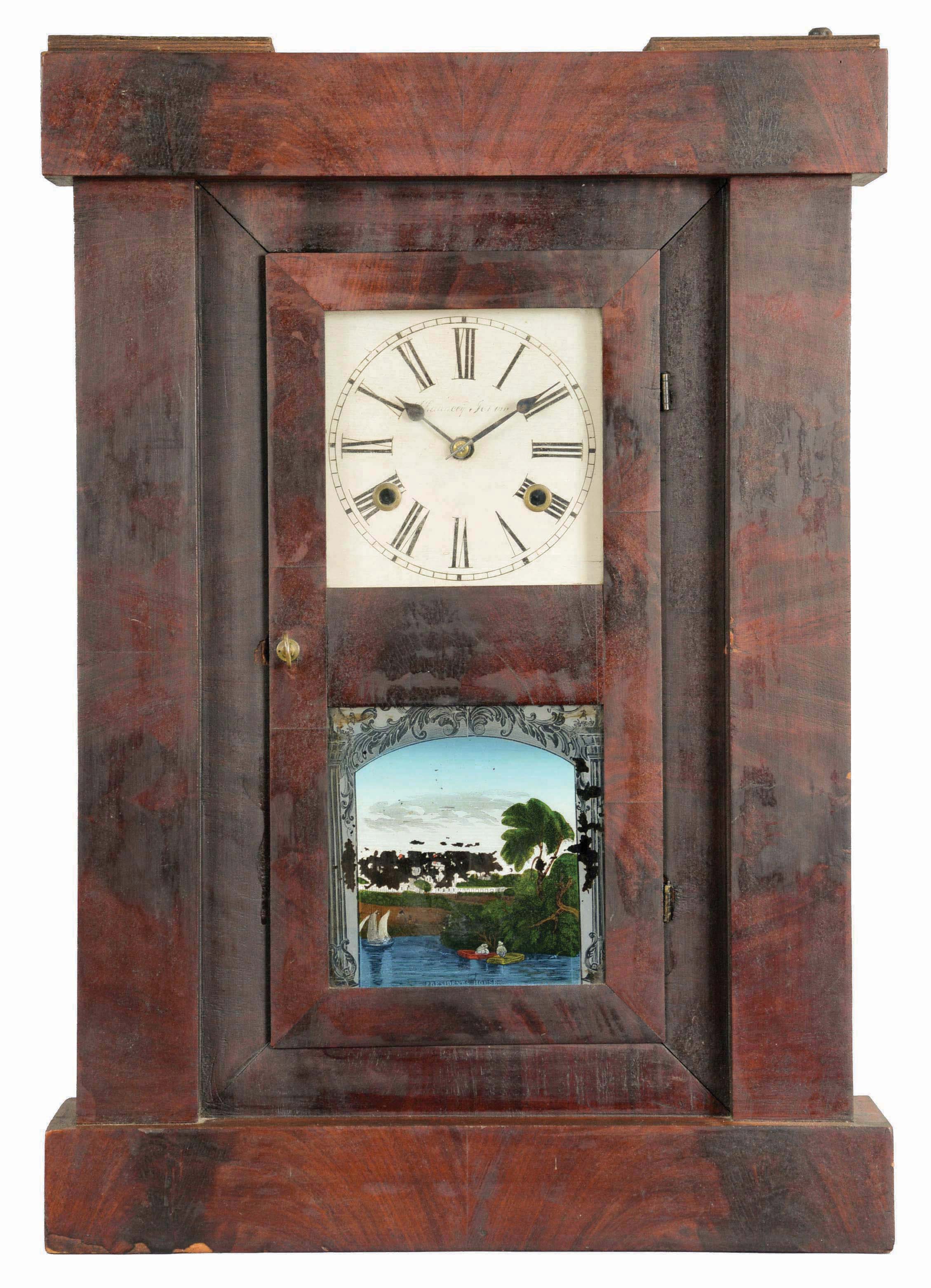 Chauncey Jerome, New Haven, Conn., Empire case shelf clock with a weight driven 30 hour time and strike movement in a mahogany veneered case. — Antique Clocks Price Guide